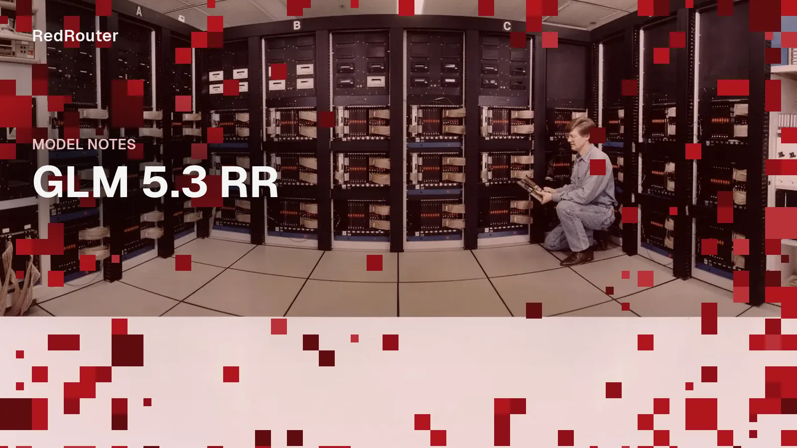 Fermilab ACP MAPS supercomputer cabinets with exposed boards and interconnecting cables, overlaid with red pixel blocks and the title GLM 5.3 RR